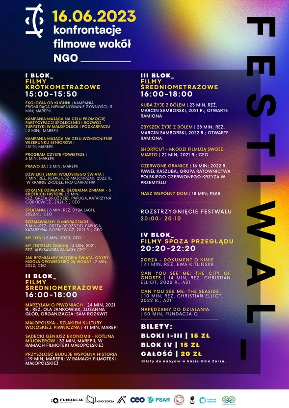Plakat programu Konfrontacji Filmowych wokół NGO 2023