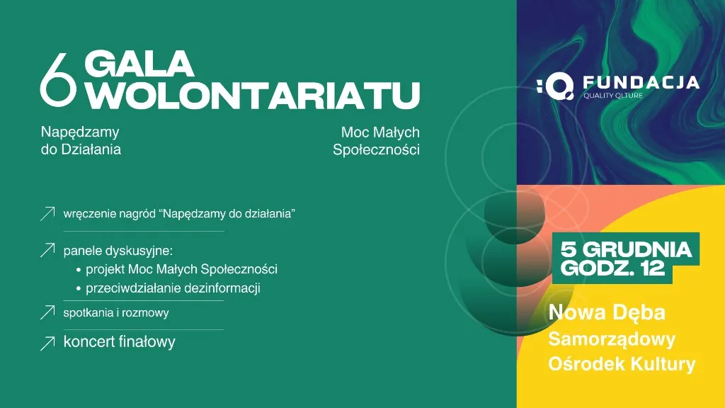 Plakat VI Gali Wolontariatu 2025 – Napędzamy do Działania, Moc Małych Społeczności, 5 grudnia, Samorządowy Ośrodek Kultury w Nowej Dębie