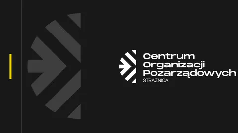 Grafika Centrum Organizacji Pozarządowych Strażnica — duży szary znak COP, żółty akcent i nazwa na ciemnym tle