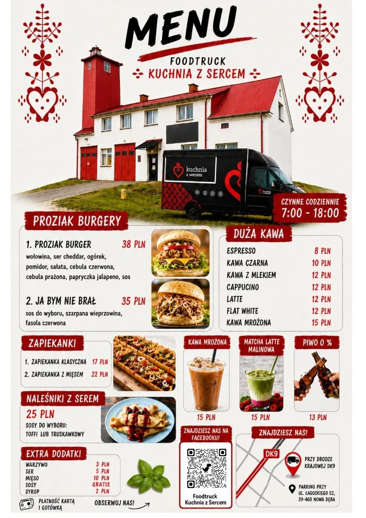 Menu food trucka Kuchnia z Sercem: burgery z proziaków, zapiekanki, naleśniki, kawa i napoje
