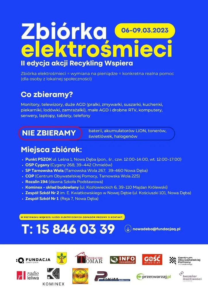 Plakat informacyjny zbiórki elektrośmieci z listą punktów odbioru