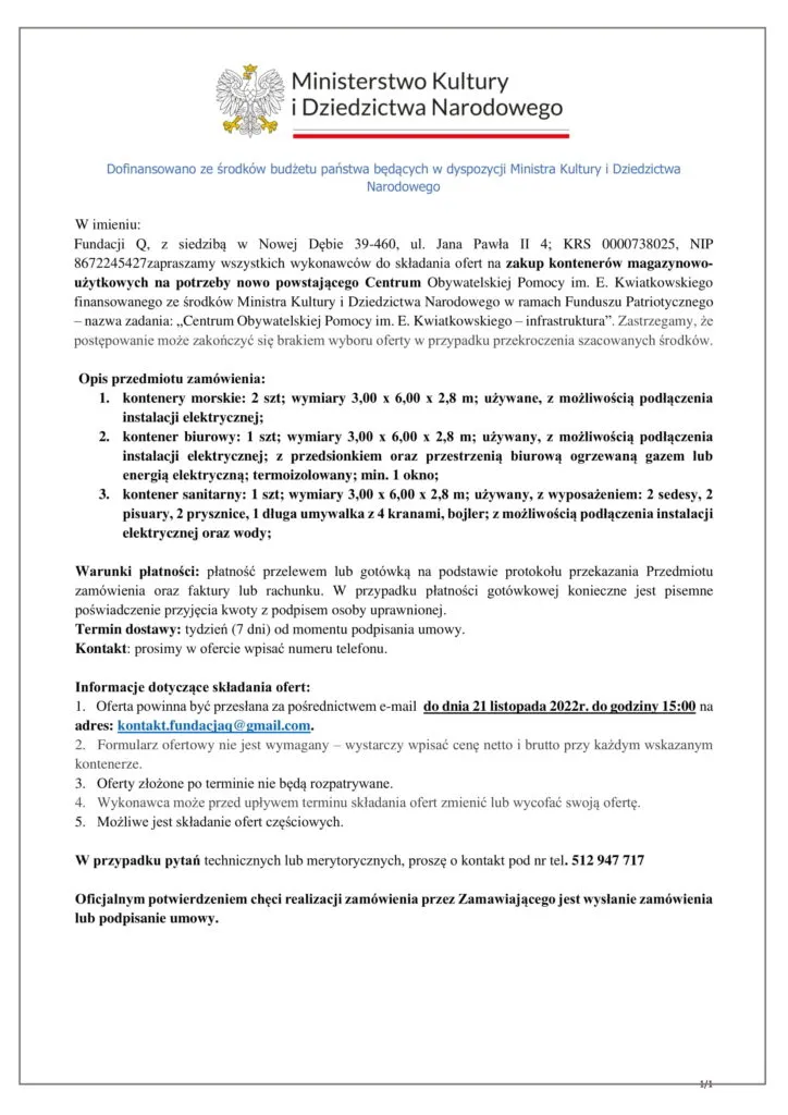 Grafika zapytania ofertowego dotyczącego zakupu kontenerów dla Centrum Obywatelskiej Pomocy